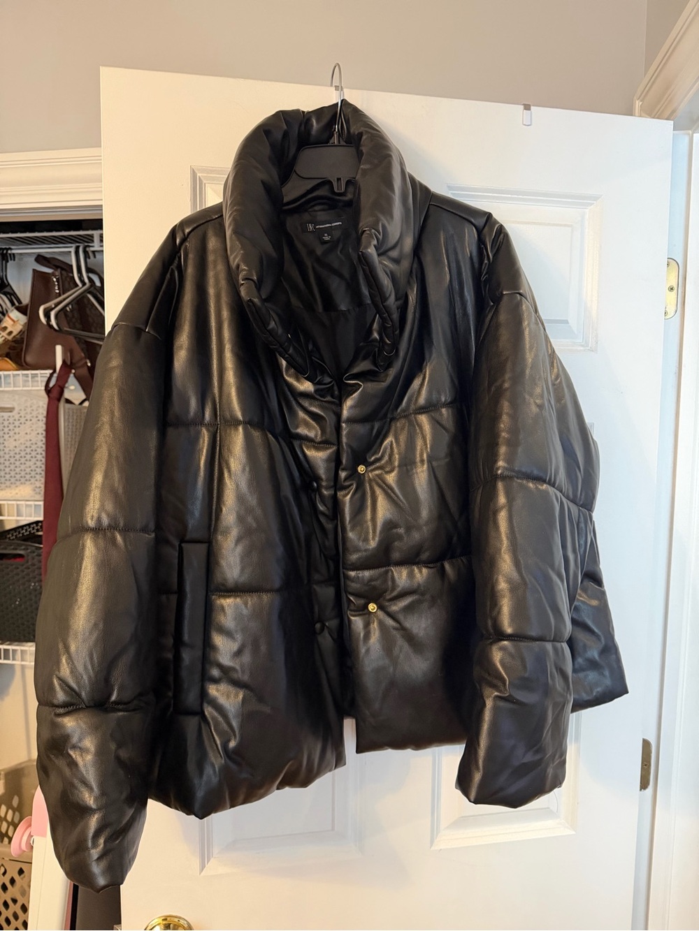 INC International Concepts Black Quilted Faux-Leather Puffer Jacket